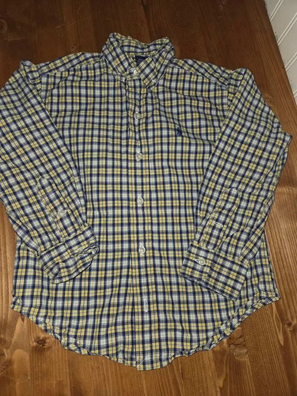 Ralph Lauren Boys Size 5 Button Down Shirt Yellow Navy Blue Long Sleeve Cotton